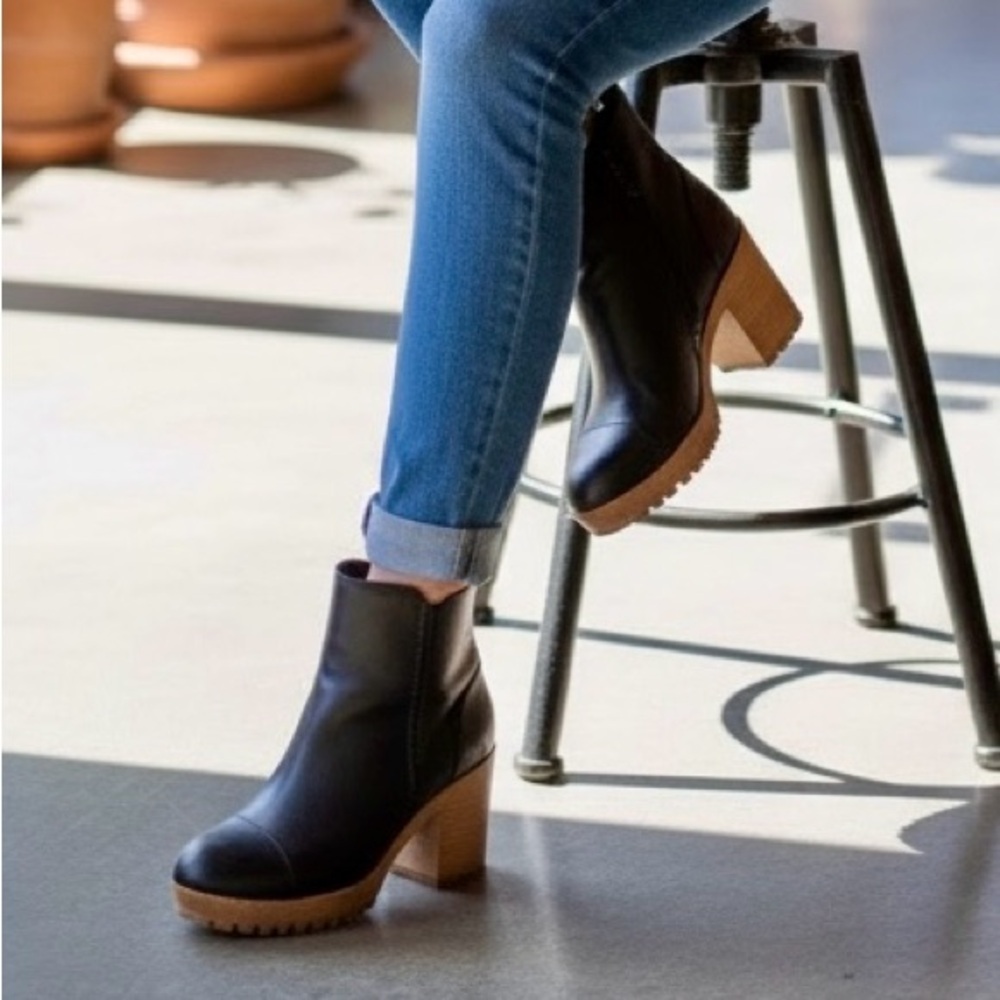 Sun + Stone Black Heeled Boots with Tan Sole